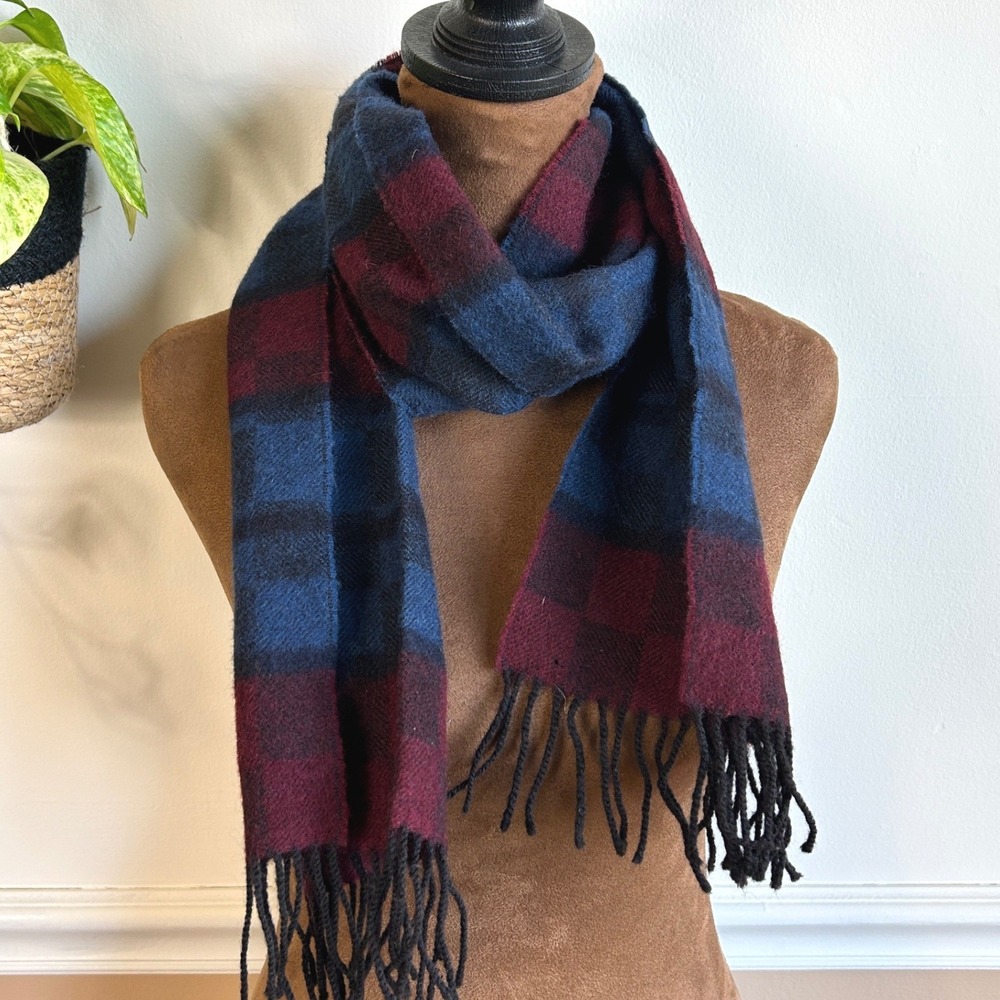 Wool Blue Burgundy Plaid Woven Fringed Winter Scarf Checkered Tassel Wrap